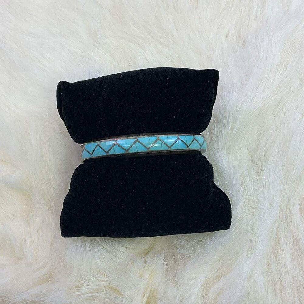 Vintage 1970s Zuni Sterling and Turquoise Inlay Cuff Bracelet MKL Sterling 2 in